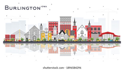 Burlington Iowa Skyline with Color Buildings and Reflections Isolated on White Background. Vector Illustration. Business Travel and Tourism Concept with Historic Architecture.