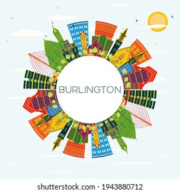 Burlington Iowa Skyline with Color Buildings, Blue Sky and Copy Space. Vector Illustration. Business Travel and Tourism Illustration with Historic Architecture. 