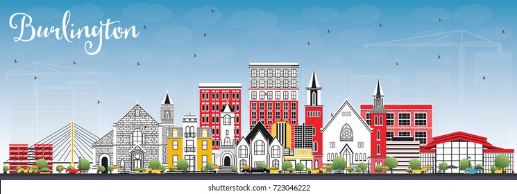 Burlington Iowa Skyline with Color Buildings and Blue Sky. Vector Illustration. Business Travel and Tourism Illustration with Historic Architecture.