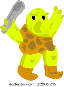 A Burly Green Man Wearing Prehistoric Clothing And Resembling Mythical Creatures Such As Goblins, Orcs And Ogres, Who Shouted With An Angry Expression While Holding An Iron Rod In His Hand.