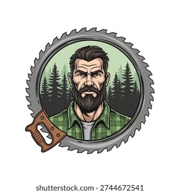 A burly man with a beard framed by a saw blade, a forest backdrop, and a saw