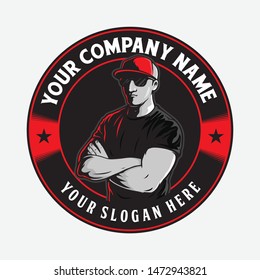 Burly man wearing hat & glasses with arms crossed, Logo vector