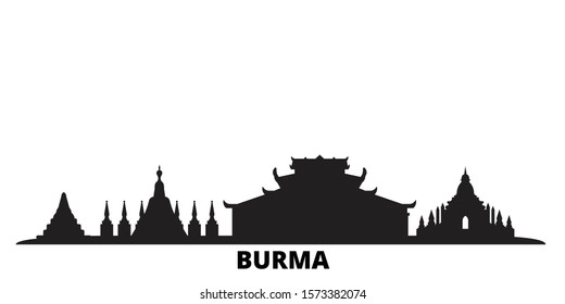 Burma city skyline isolated vector illustration. Burma travel black cityscape