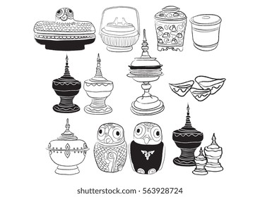 Burma Lacquer-ware set with hand drawn illustration (vector) 