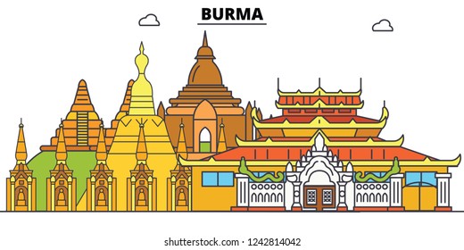 Burma line skyline vector illustration. Burma linear cityscape with famous landmarks, city sights, vector, design landscape.