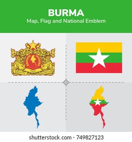 Burma Map, Flag and National Emblem 