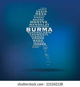 Mapa de Birmania hecho con el nombre de las ciudades - ilustración vectorial