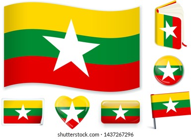 Burma national flag in wave, book, circle, pin, button, heart and sticker shapes.