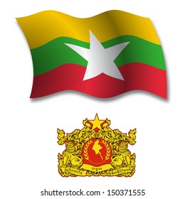 burma shadowed textured wavy flag and coat of arms against white background, vector art illustration, image contains transparency transparency