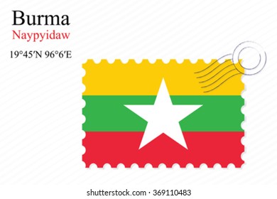 burma stamp design over stripy background, abstract vector art illustration, image contains transparency