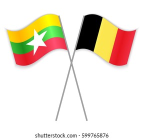 Burmese and Belgian crossed flags. Myanmar combined with Belgium isolated on white. Language learning, international business or travel concept.