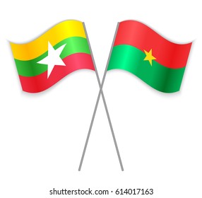 Burmese and Burkinabe crossed flags. Burma combined with Burkina Faso isolated on white. Language learning, international business or travel concept.