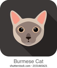 Burmese Cat, Cat breed face cartoon flat icon design