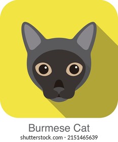 Burmese Cat, Cat breed face cartoon flat icon design