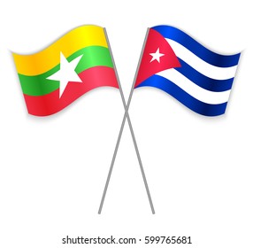 Burmese and Cuban crossed flags. Myanmar combined with Cuba isolated on white. Language learning, international business or travel concept.