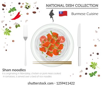 Burmese Cuisine. Asian national dish collection. Shan noodles isolated on white, infograpic. Vector illustration