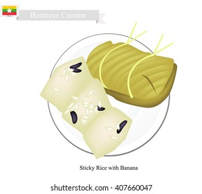 Burmese Cuisine, Bananas in Sticky Rice Wrap with Banana Leaves. One of The Most Popular Dessert in Myanmar.