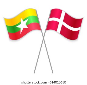 Burmese and Danish crossed flags. Burma combined with Denmark isolated on white. Language learning, international business or travel concept.