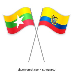 Burmese and Ecuadorian crossed flags. Burma combined with Ecuador isolated on white. Language learning, international business or travel concept.