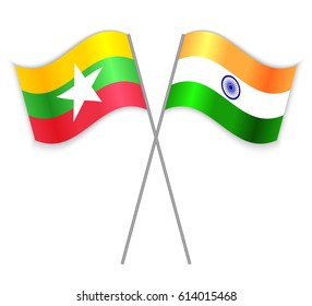 Burmese and Indian crossed flags. Burma combined with India isolated on white. Language learning, international business or travel concept.