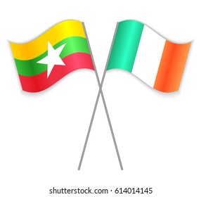 Burmese and Irish crossed flags. Burma combined with Ireland isolated on white. Language learning, international business or travel concept.