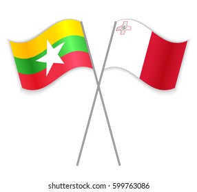 Burmese and Maltese crossed flags. Myanmar combined with Malta isolated on white. Language learning, international business or travel concept.