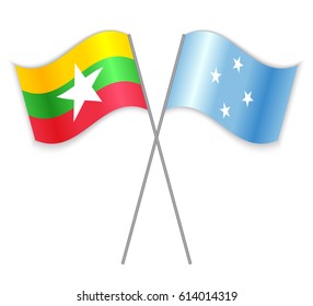 Burmese and Micronesian crossed flags. Burma combined with Micronesia isolated on white. Language learning, international business or travel concept.