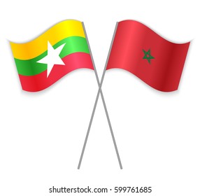 Burmese and Moroccan crossed flags. Myanmar combined with Morocco isolated on white. Language learning, international business or travel concept.