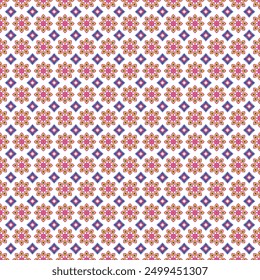 Burmese pattern, a floral pattern with 8 points mixed with square geometric shapes, perfectly combined, seamless, red, blue, pink and yellow arranged beautifully, a fabric pattern for textiles, curtai