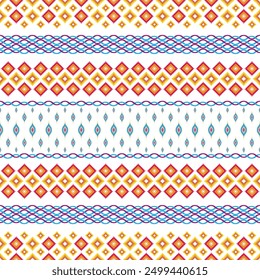 Burmese pattern, geometric pattern, seamless, traditional ethnic pattern, beautifully arranged in red, yellow, light blue and purple, fabric pattern for textiles, curtains, clothing, sarongs.