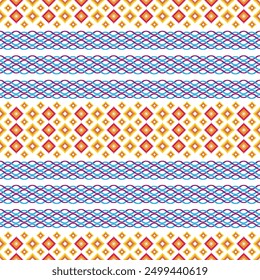 Burmese pattern, geometric pattern, seamless, traditional ethnic pattern, beautifully arranged in red, yellow, light blue and purple, fabric pattern for textiles, curtains, clothing, sarongs.