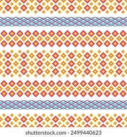 Burmese pattern, geometric pattern, seamless, traditional ethnic pattern, beautifully arranged in red, yellow, light blue and purple, fabric pattern for textiles, curtains, clothing, sarongs.