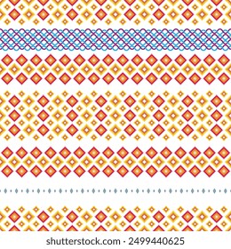 Burmese pattern, geometric pattern, seamless, traditional ethnic pattern, beautifully arranged in red, yellow, light blue and purple, fabric pattern for textiles, curtains, clothing, sarongs.