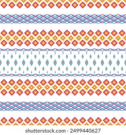 Burmese pattern, geometric pattern, seamless, traditional ethnic pattern, beautifully arranged in red, yellow, light blue and purple, fabric pattern for textiles, curtains, clothing, sarongs.