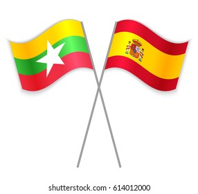 Burmese and Spanish crossed flags. Burma combined with Spain isolated on white. Language learning, international business or travel concept.