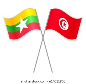 Burmese and Tunisian crossed flags. Burma combined with Tunisia isolated on white. Language learning, international business or travel concept.