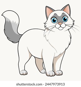 Burmese White Fluffy cat vector illustration isolated on white background in cartoon style.