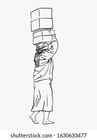 Burmese woman in longyi is carrying big boxes on her head, Vector sketch, Hand drawn linear illustration
