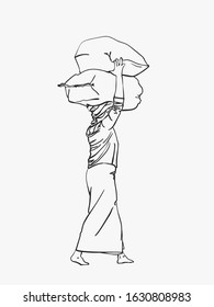 Burmese woman in longyi is carrying big bags on her head, Vector sketch, Hand drawn linear illustration
