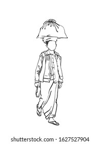 Burmese woman with no face is carrying big bag on her head, Vector sketch, Hand drawn linear illustration