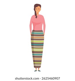 Burmese woman standing wearing traditional colorful dress smiling