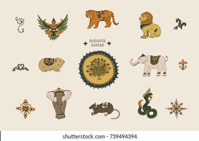 Burmese Zodiac Animal Signs vector illustration set