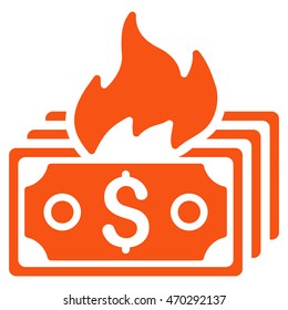 Burn Banknotes icon. Vector style is flat iconic symbol with rounded angles, orange color, white background.