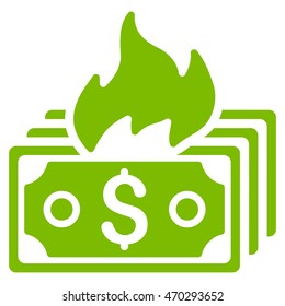 Burn Banknotes icon. Vector style is flat iconic symbol with rounded angles, eco green color, white background.