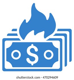Burn Banknotes icon. Vector style is flat iconic symbol with rounded angles, cobalt color, white background.