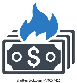 Burn Banknotes icon. Vector style is bicolor flat iconic symbol with rounded angles, smooth blue colors, white background.