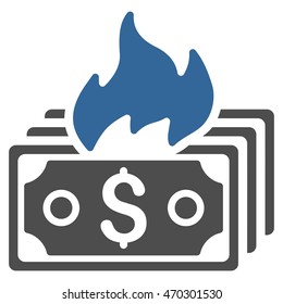 Burn Banknotes icon. Vector style is bicolor flat iconic symbol with rounded angles, cobalt and gray colors, white background.