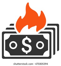 Burn Banknotes icon. Vector style is bicolor flat iconic symbol with rounded angles, orange and gray colors, white background.