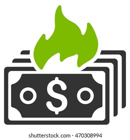 Burn Banknotes icon. Vector style is bicolor flat iconic symbol with rounded angles, eco green and gray colors, white background.