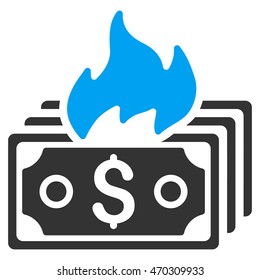 Burn Banknotes icon. Vector style is bicolor flat iconic symbol with rounded angles, blue and gray colors, white background.